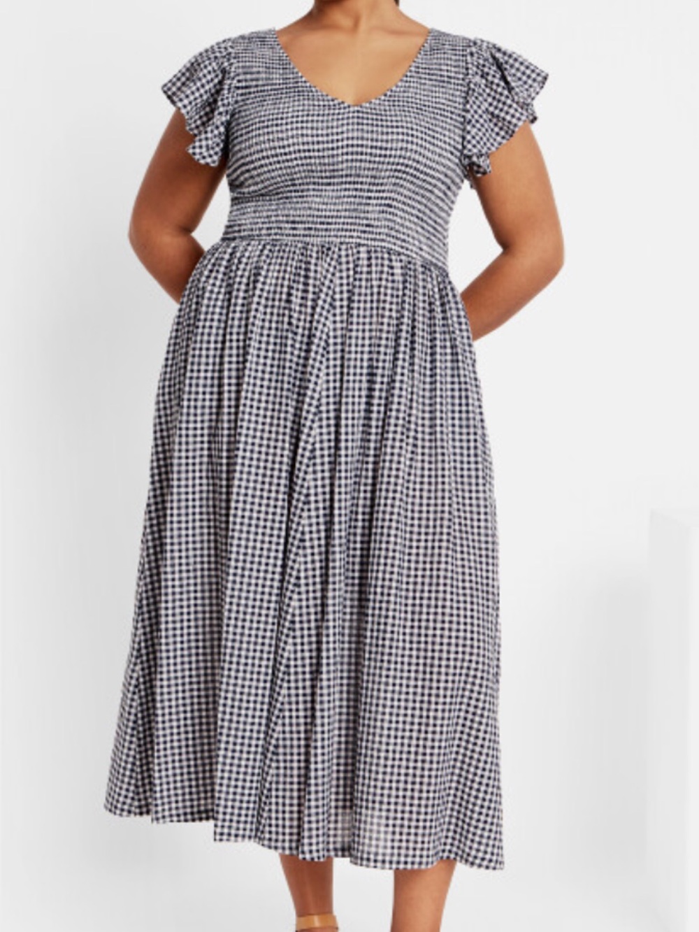 City Chic Navy Gingham Smocked Midi Dress with Flutter Sleeves